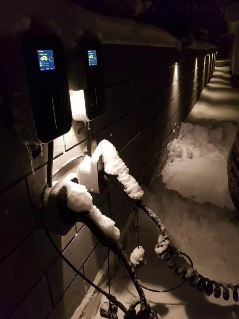 evseODMcharging station in snowy night
